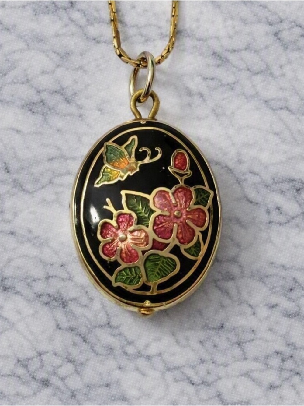Gold Floral Enamel Oval Pendant Necklace - Black & Pink